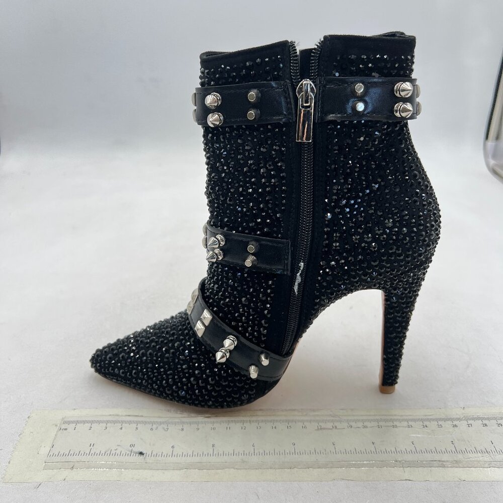 Black Studded Bling Ankle Boot Pointed Toe Crystal Embellished Zipper Shoe - Picture 2 of 7